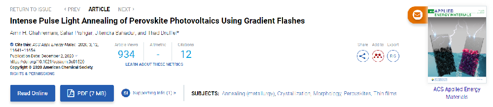 《Applied Energy Materials》：利用光子燒結(jié)系統(tǒng)對(duì)鈣鈦礦光伏材料進(jìn)行強(qiáng)脈沖光退火